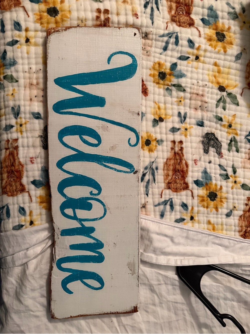 Welcome Wooden Sign in Teal on White